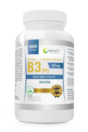 WISH Niacyna Witamina B3 (PP) 50mg + L-Leucyna + Prebiotyk Kwas Nikotynowy suplement diety 120 kapsułek