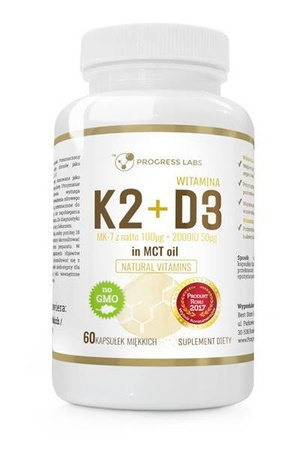 Progress Labs Witamina K2 MK-7 z Natto 100µg + D3 2000IU 50µg w oleju MCT suplement diety 60 kapsułek miękkch