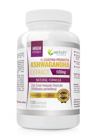 WISH Extract Ashwagandha 500mg + L-Leucyna + Prebiotyk suplement diety 120 kapsułek