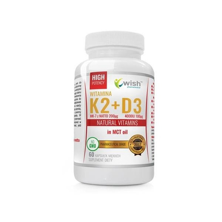 WISH Witamina K2 MK-7 z Natto 200μg + D3 4000IU 100μg w Oleju MCT Natural Vitamins suplement diety 60 kapsułek miękkich