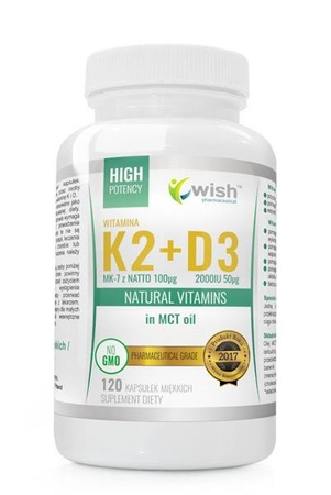 WISH Witamina K2 MK-7 100μg + D3 2000IU 50μg w Oleju MCT Natural Vitamins suplement diety 120 kapsułek miękkich